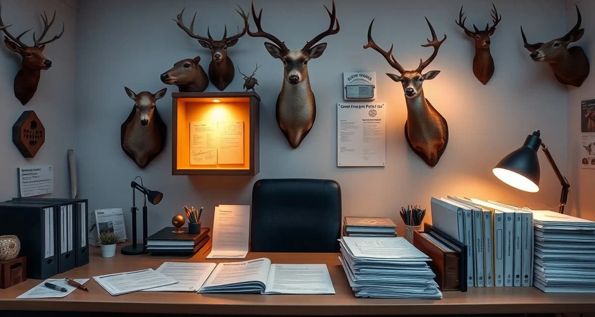 Wildlife compliance essentials for taxidermy businesses Organized taxidermy shop compliance documentation including federal permits, state licenses, and wildlife record-keeping systems displayed professionally