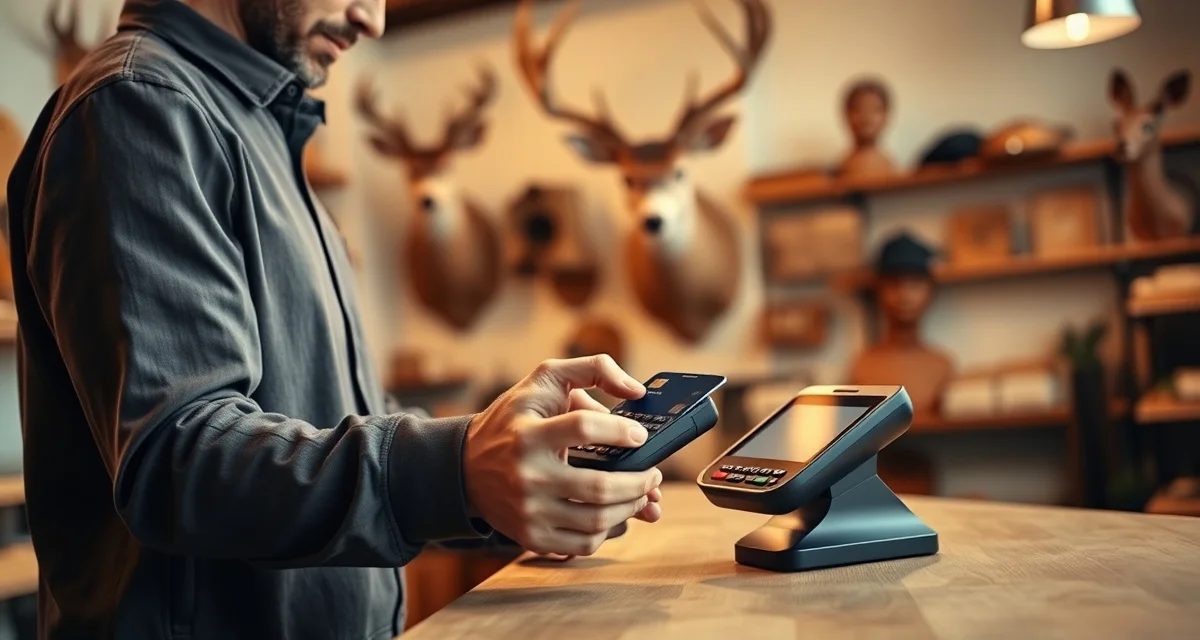Payment processing in professional taxidermy studio Taxidermy shop owner processing a credit card payment on a modern terminal with mounted wildlife in background