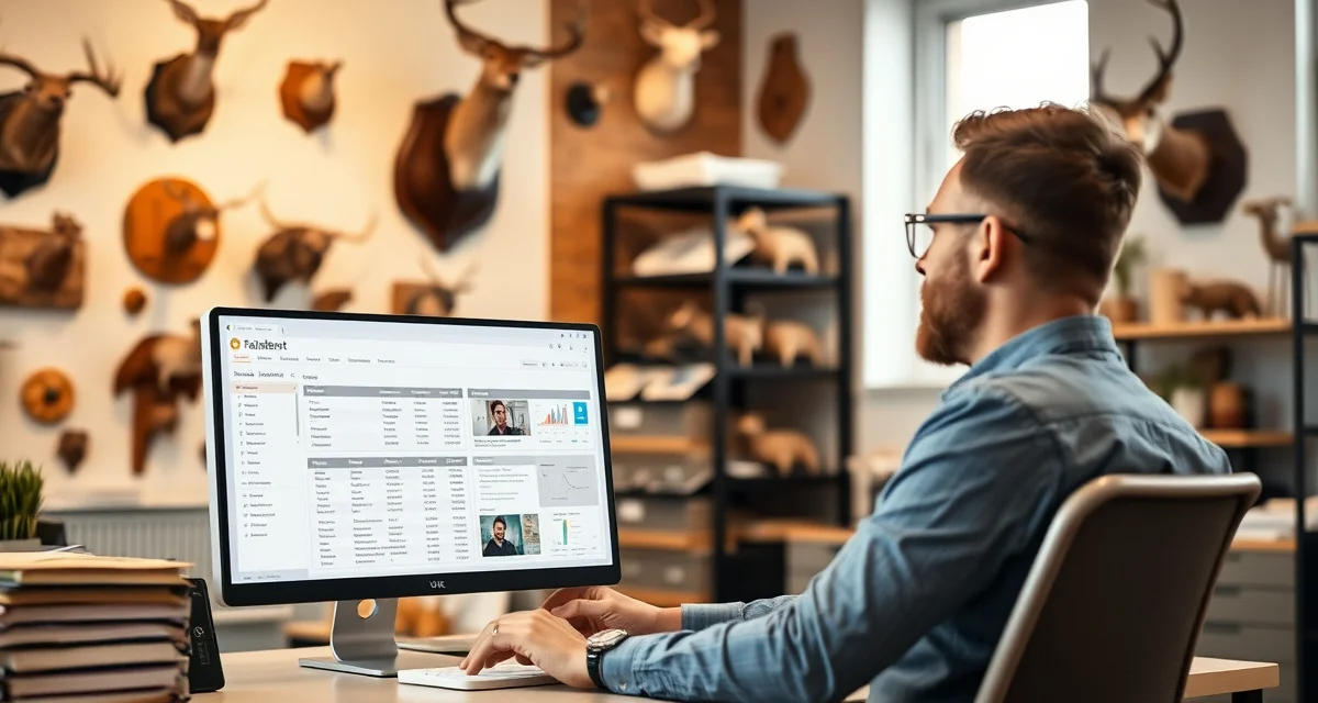 CRM system interface for taxidermy business management Taxidermy shop owner using specialized CRM software designed for managing customer orders and projects on desktop computer