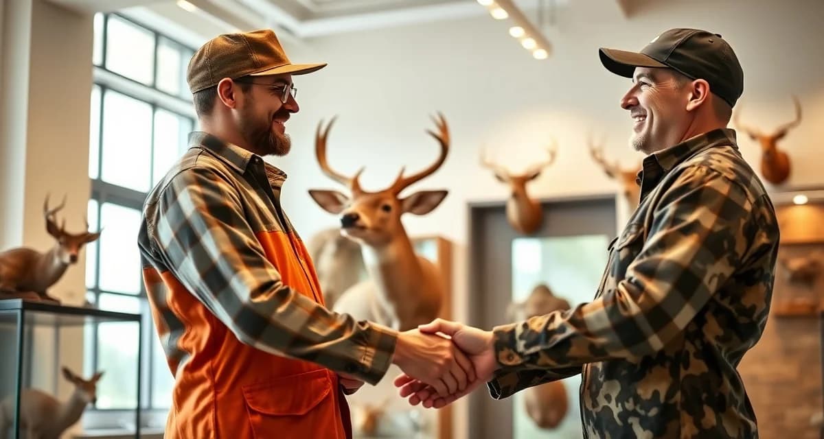 Premium taxidermy intake experience building client trust Taxidermy shop owner discussing mounted specimen with satisfied hunter client during professional intake consultation