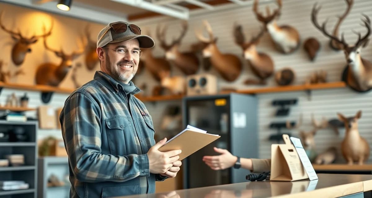 First impression customer intake process Taxidermy shop owner conducting professional intake appointment with new customer at consultation desk