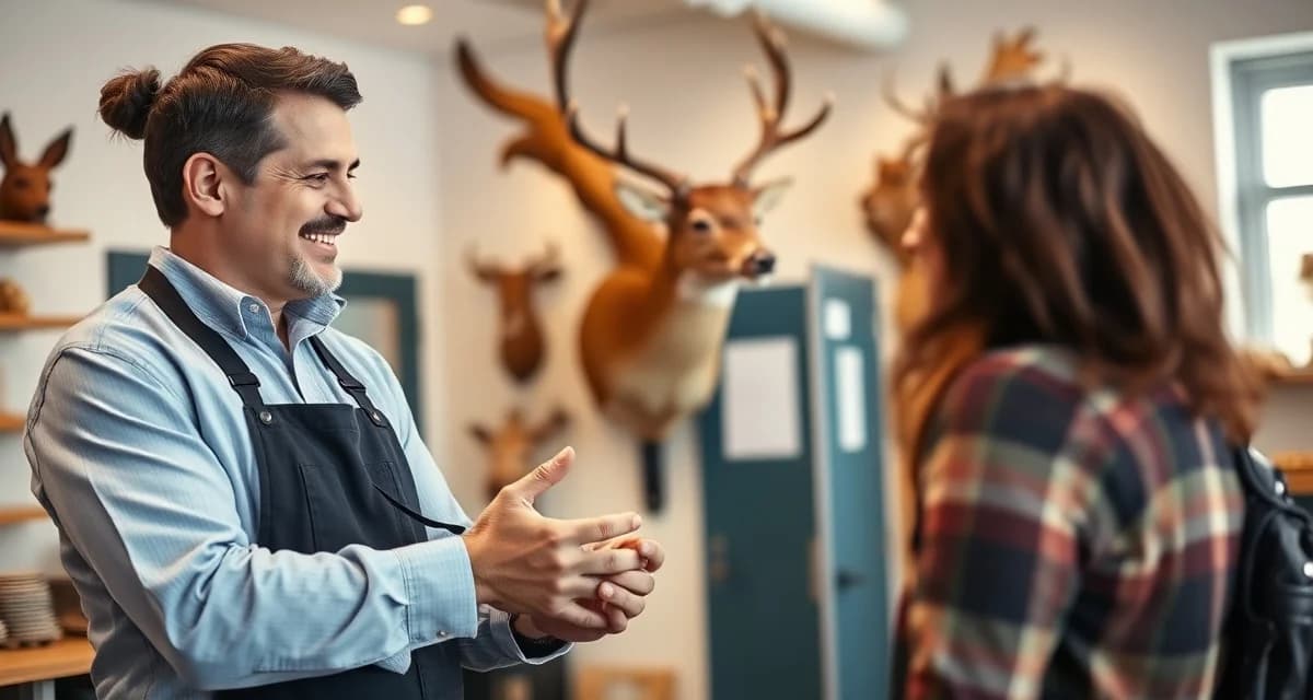 Professional mount pickup experience at taxidermy shop Taxidermy shop customer pickup walk-through showing mount inspection and customer satisfaction consultation with shop owner.