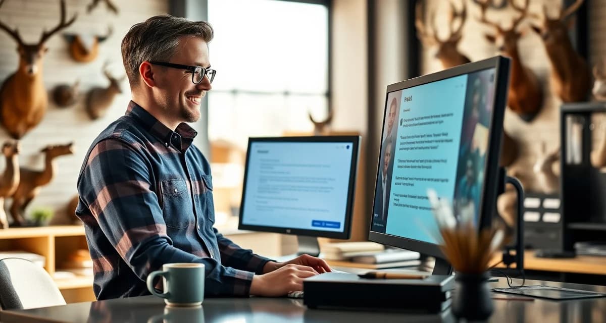 Customer review management for taxidermy businesses Taxidermist reviewing positive customer reviews on computer to improve shop ratings and booking calendar