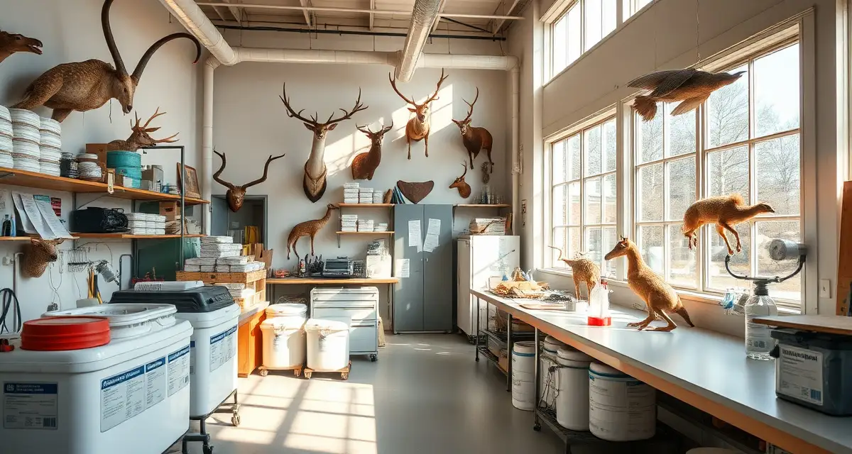 CWA compliance setup for professional taxidermy operations Modern taxidermy shop workspace with organized chemical storage and wastewater compliance equipment for CWA regulations