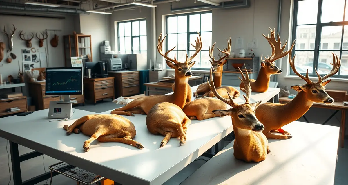 Peak day taxidermy shop intake workflow Modern taxidermy shop intake station with AI processing system handling multiple deer specimens efficiently during peak day operations