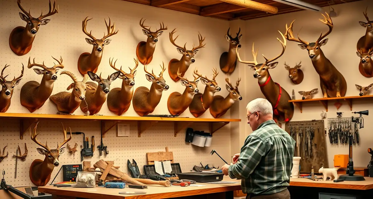 Professional taxidermy shop management during peak season Organized taxidermy shop workstation during busy deer season with mounted specimens and professional workspace setup