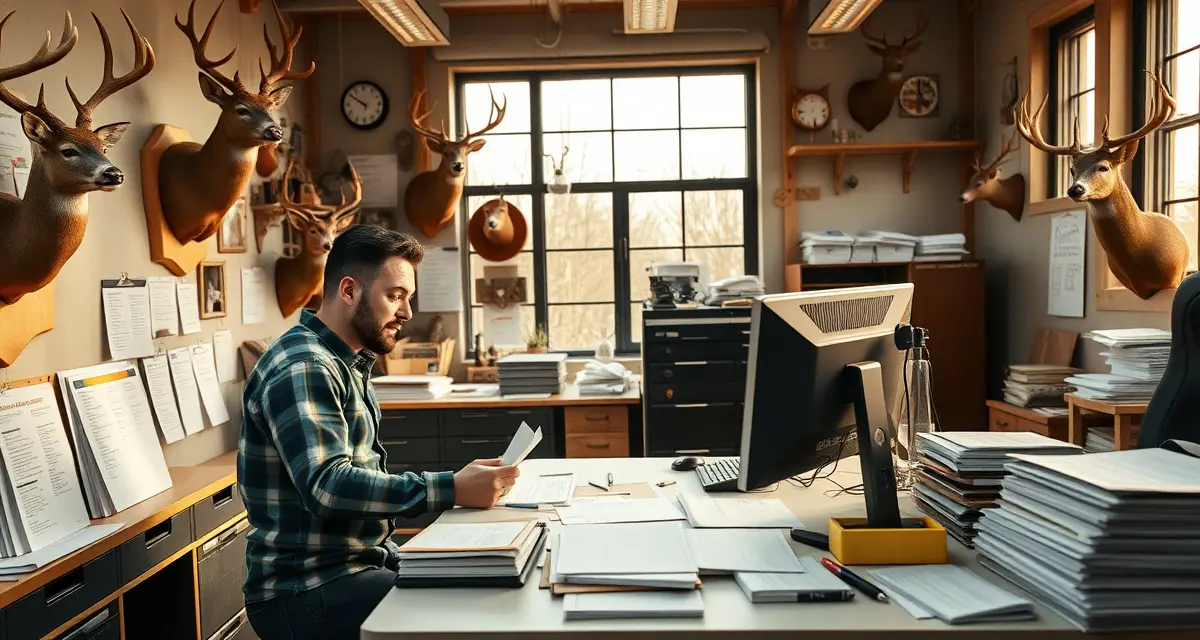 Deer season taxidermy shop intake workflow Organized taxidermy shop intake station showing proper documentation systems and deer mount examples to avoid common deer season mistakes
