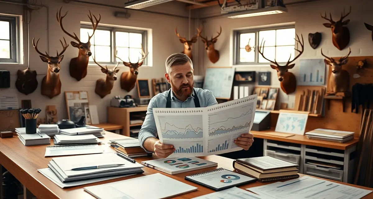 Post-season analysis for taxidermy business growth Taxidermist conducting post-season business review with performance data and operational metrics for shop improvement.