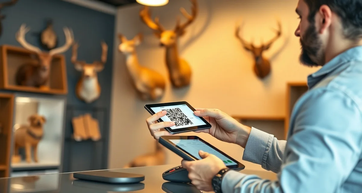 Digital deposit collection process for taxidermy shops Taxidermy shop staff collecting digital deposit payment via QR code at intake counter with modern payment technology