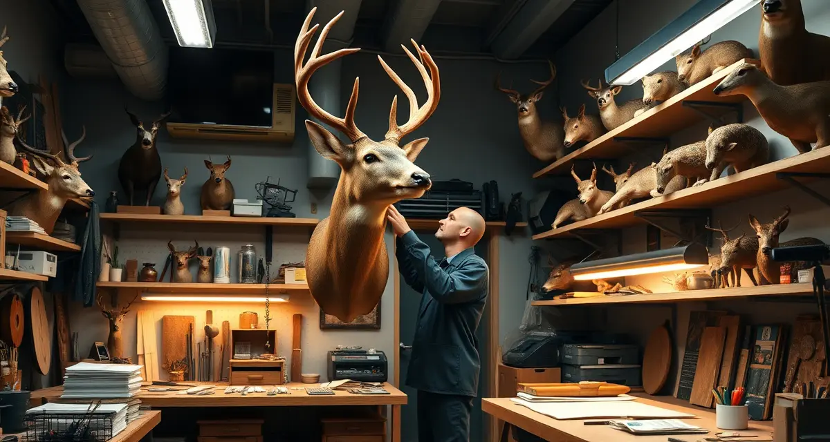 Professional taxidermy deposit percentage best practices Taxidermist working on mount with organized tools and deposits chart showing 30-50% industry standards for taxidermy deposits.