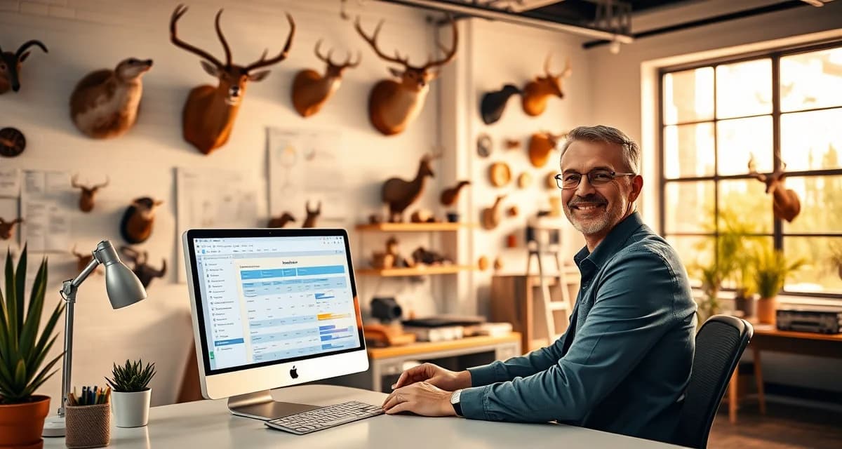 90-day digital transformation roadmap for taxidermy business management Taxidermy shop owner implementing digital transformation software on computer with organized workflow management system visible on screen