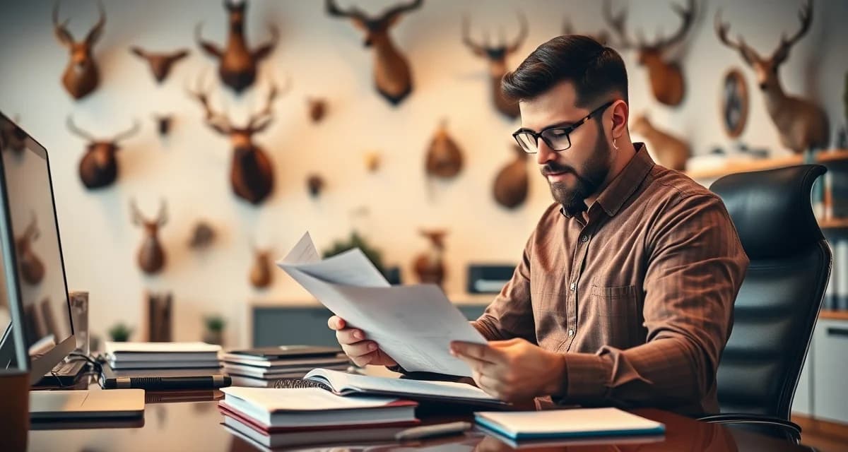 Professional dispute management documentation process Taxidermy shop owner reviewing customer dispute documentation and records for resolution at organized workspace