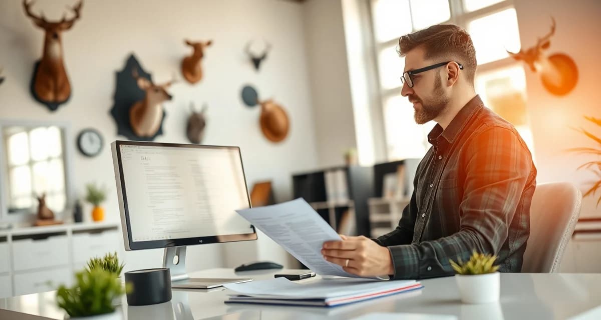 FAQ resource guide for taxidermy business operations Taxidermy shop owner reviewing comprehensive FAQ hub for shop management and customer communication best practices.