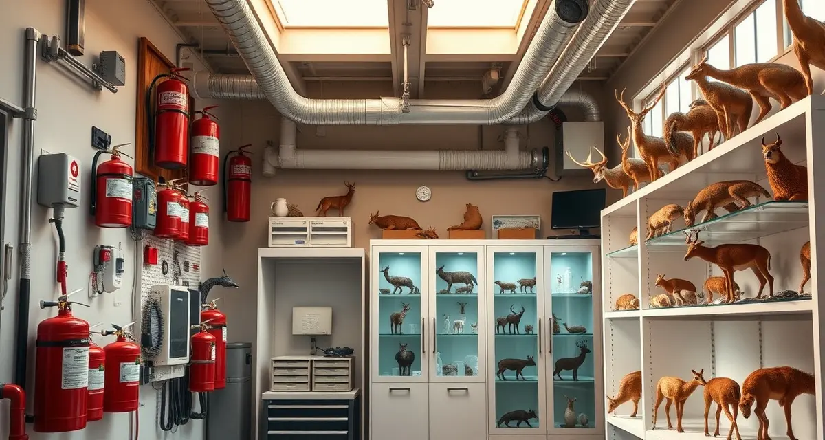 Fire safety best practices in a professional taxidermy workshop Well-organized taxidermy shop interior with fire safety equipment, chemical storage, and safety protocols properly implemented.