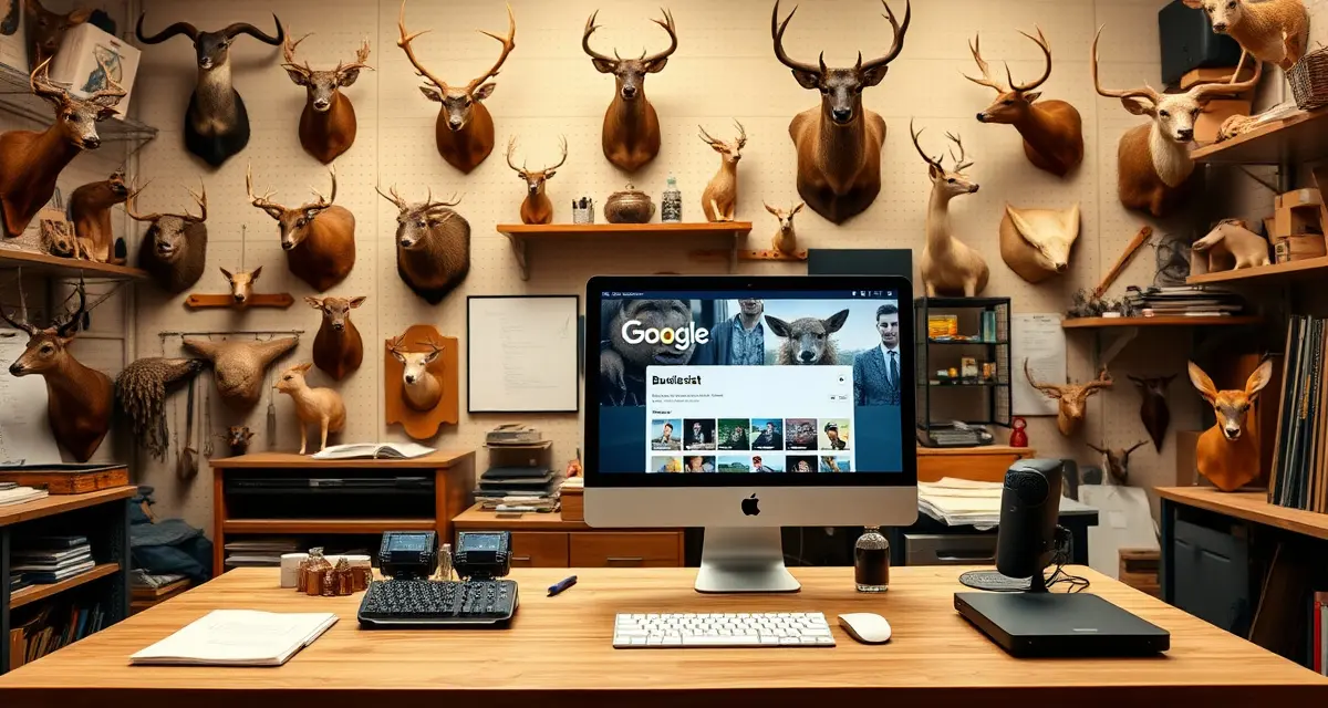 Optimizing Google Business Profile for taxidermy shops Taxidermist shop interior with Google Business Profile displayed on computer screen for local search optimization