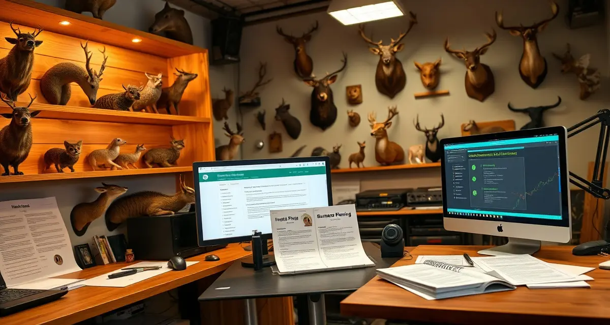 Grant funding opportunities for taxidermy businesses Taxidermy shop owner reviewing grant resources and funding options for business expansion and equipment financing