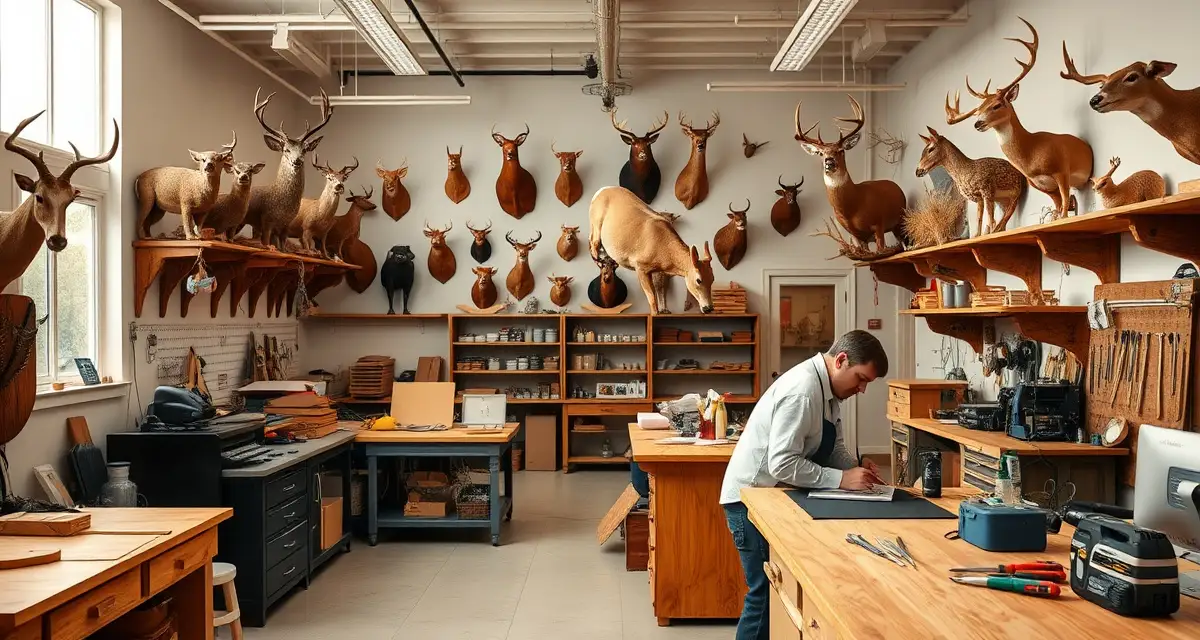 Scaling taxidermy shop operations and workflow Professional taxidermy workshop showing organized workstations and mounted displays, representing operational systems for growing a taxidermy shop.