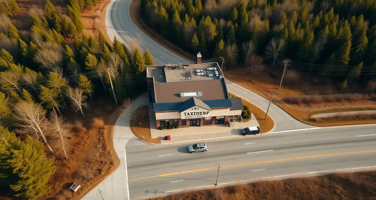 Strategic taxidermy shop placement on rural highway Rural taxidermy shop positioned on highway with vehicles parked outside and forest surroundings, demonstrating optimal location strategy