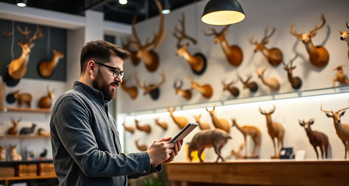 Digital shop management for taxidermy businesses Taxidermy shop owner using customer portal software to manage business hours and appointment scheduling efficiently