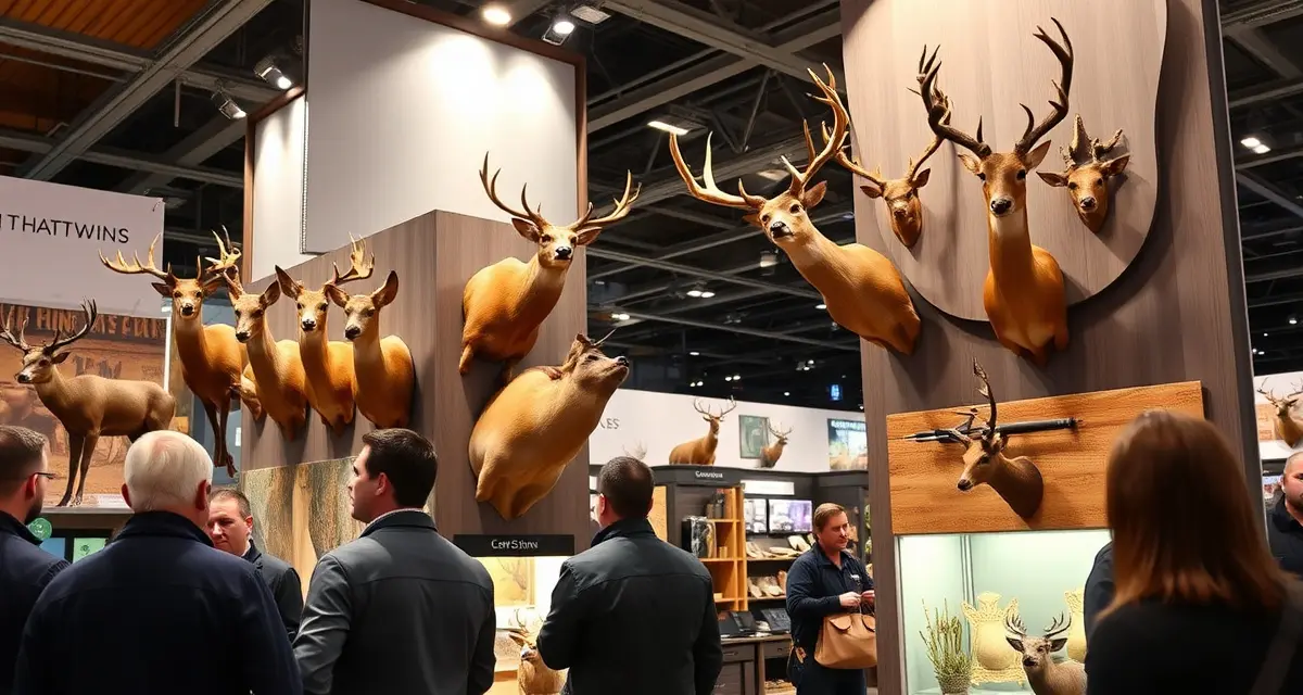 Taxidermy booth setup at hunting sports event Taxidermy shop owner presenting mounted wildlife specimens at hunting sport show booth to engaged customers interested in taxidermy services