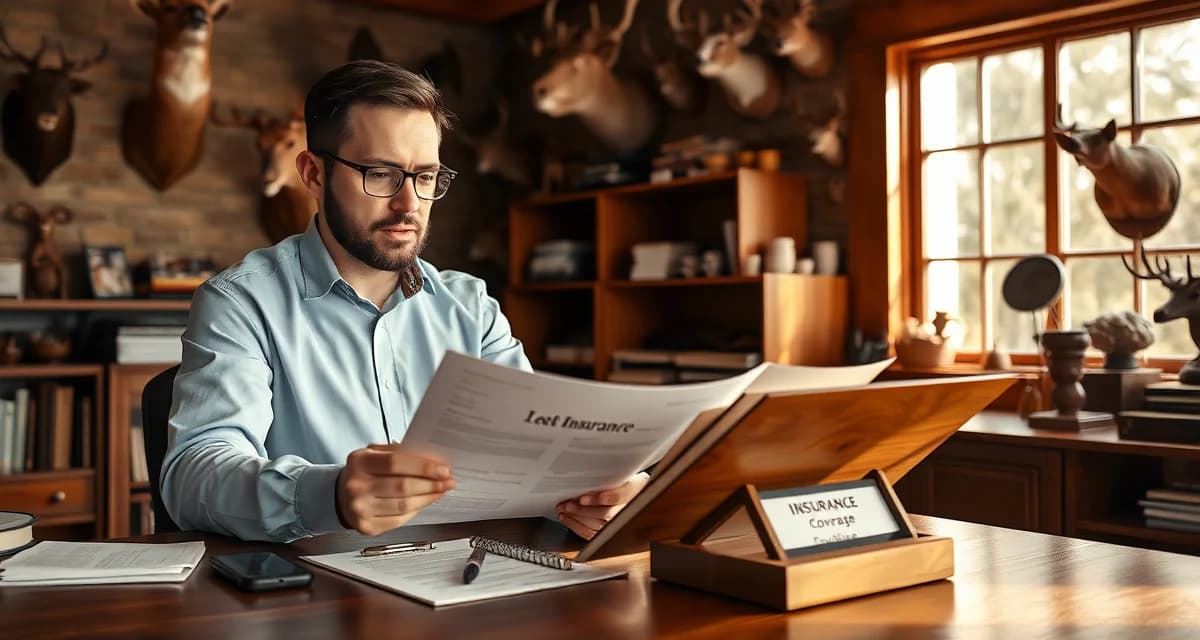 Insurance documentation for taxidermy business Taxidermy shop owner reviewing insurance policies and bailee's coverage documentation for business protection