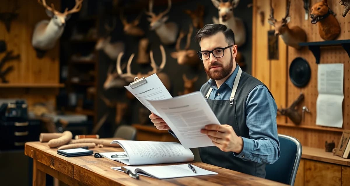 Essential insurance coverage for taxidermy business operations Taxidermy shop owner reviewing insurance requirements and coverage documents for specimen protection and liability