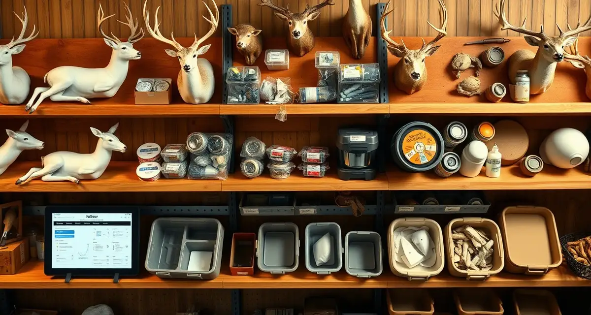 Inventory tracking solution for taxidermy shops Organized taxidermy shop inventory management system showing deer forms, supplies, and materials tracked in digital inventory software.