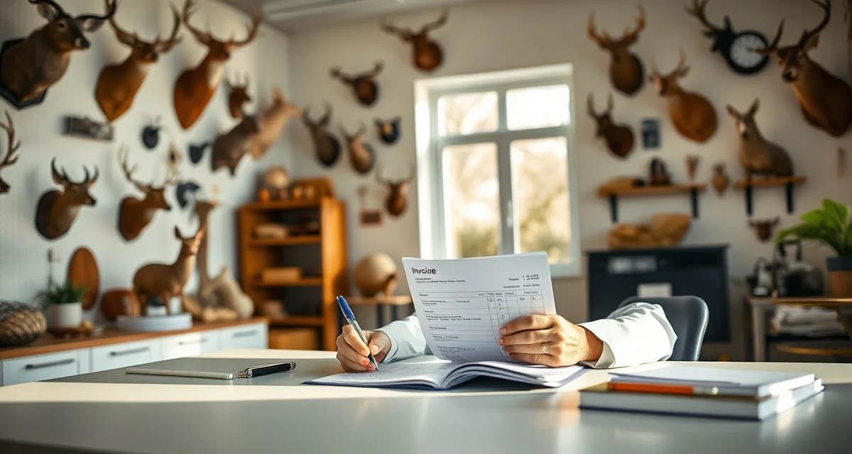 Professional invoice management for taxidermy businesses Taxidermy shop owner reviewing a detailed invoice template on desk with professional formatting and itemized charges