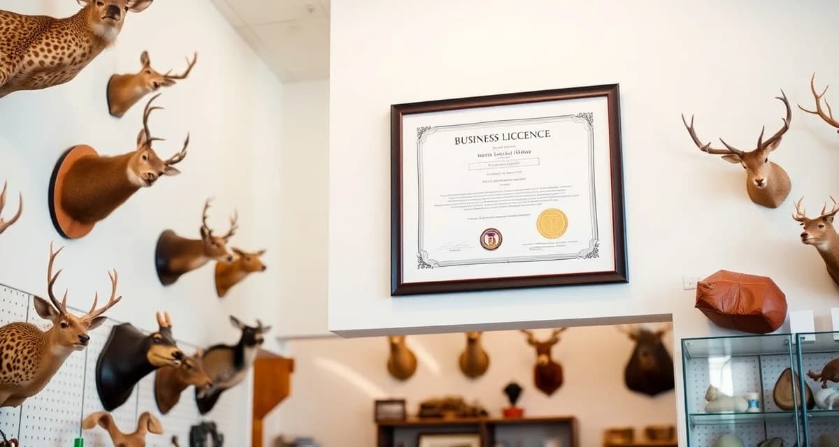 Proper taxidermy business license posting Framed taxidermy shop license certificate displayed on interior wall, showing required compliance signage for licensed taxidermists.