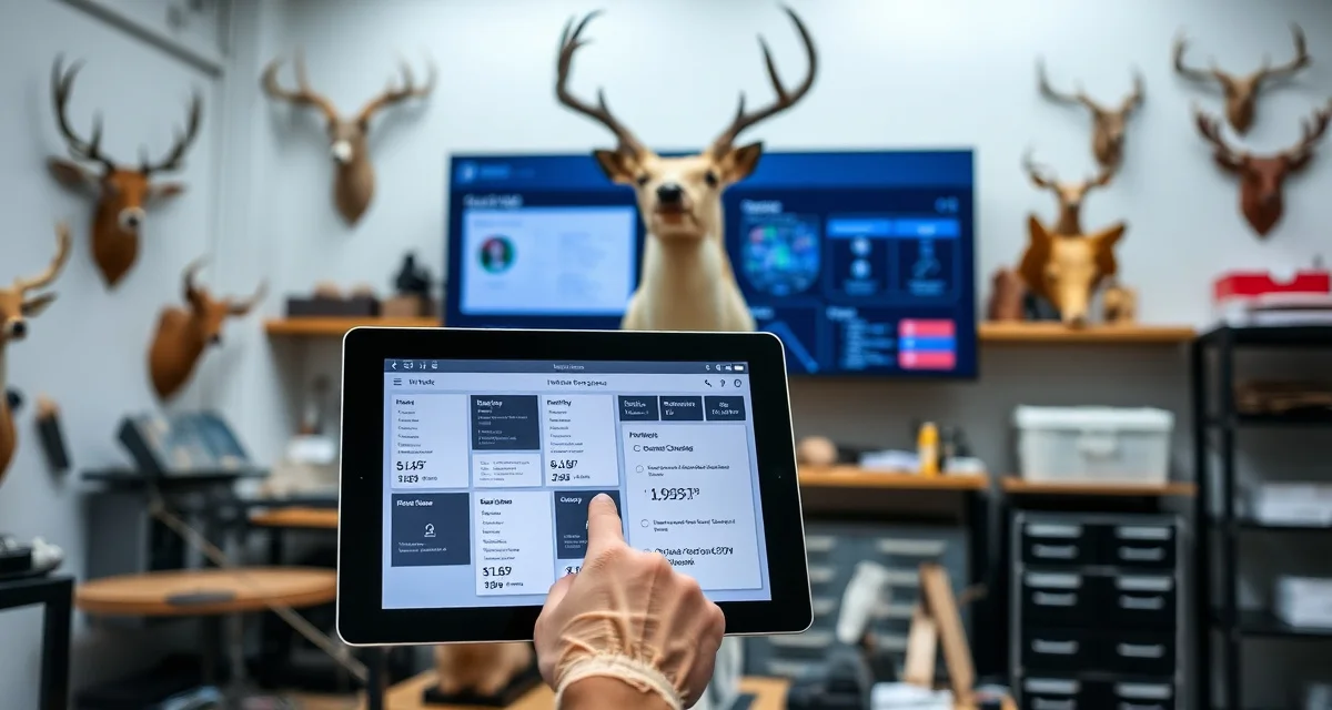 Digital transformation in taxidermy business operations Modern taxidermy shop using AI-powered intake software and digital customer portals for shop management in 2026.
