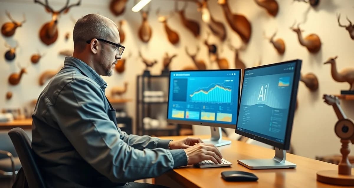 AI adoption in taxidermy business management Taxidermy shop owner using AI-powered management software on computer dashboard in modern studio workspace