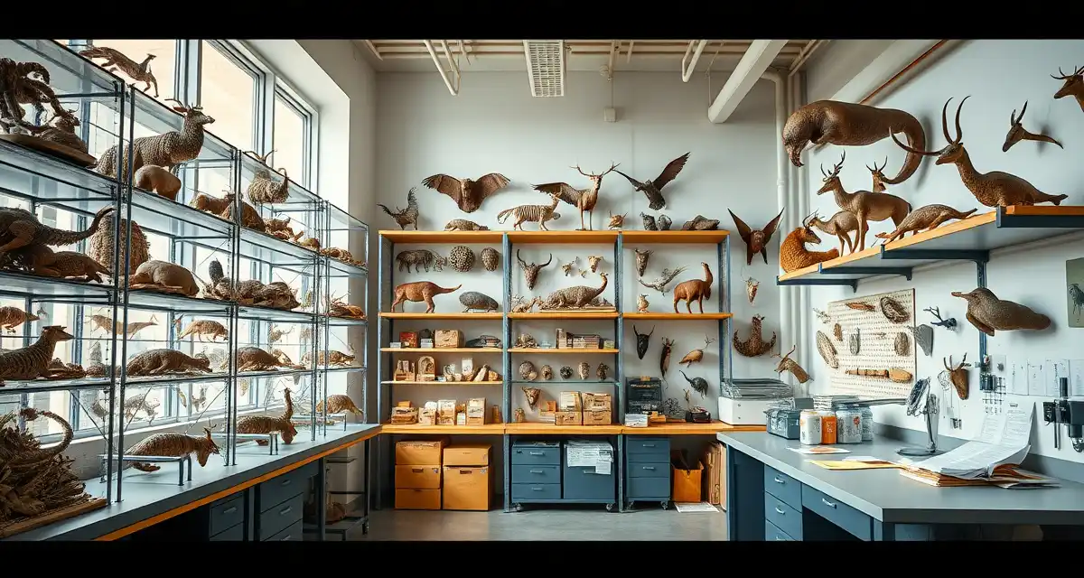 Professional taxidermy shop operational setup Organized taxidermy shop workspace with specimen tracking systems and documentation standards for modern shop operations