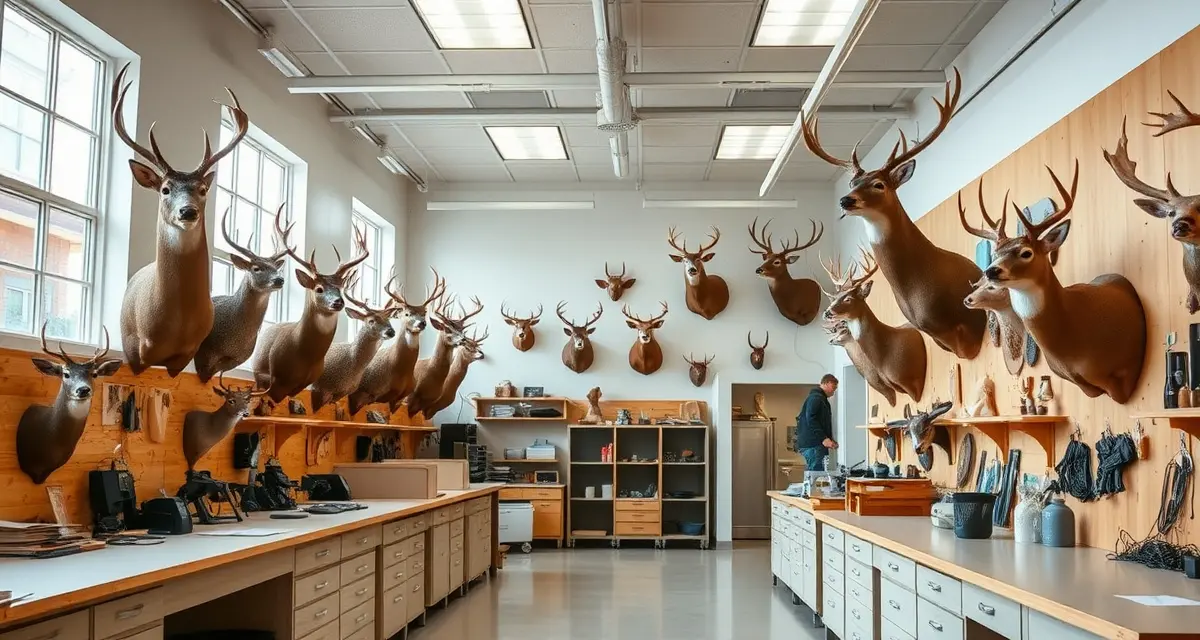 Professional taxidermy workshop setup Modern Connecticut taxidermy shop with professionally mounted deer and organized workstations demonstrating effective shop management practices.