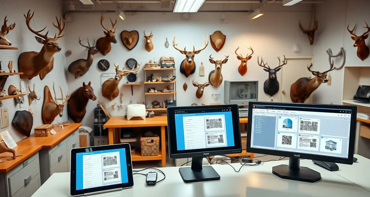 Modern taxidermy shop management workflow Organized taxidermy shop workspace demonstrating efficient specimen intake and management systems with digital tools.