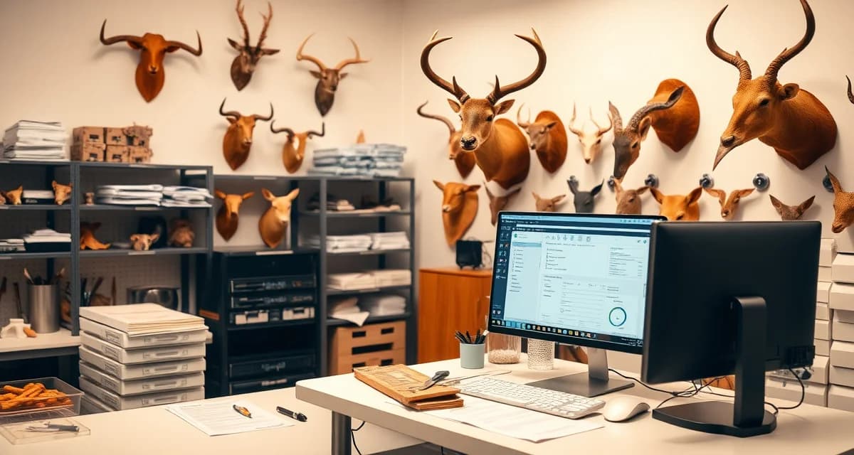 Modern taxidermy shop operations and management Organized taxidermy shop workspace showing mounted animal specimens and digital management system for tracking projects and customer records.