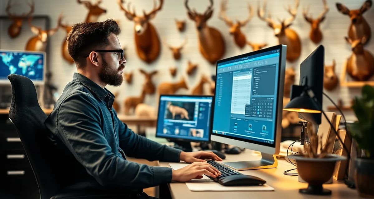 Digital management solution for taxidermy businesses Taxidermy shop owner using integrated management hub software on computer to track jobs and customer orders efficiently