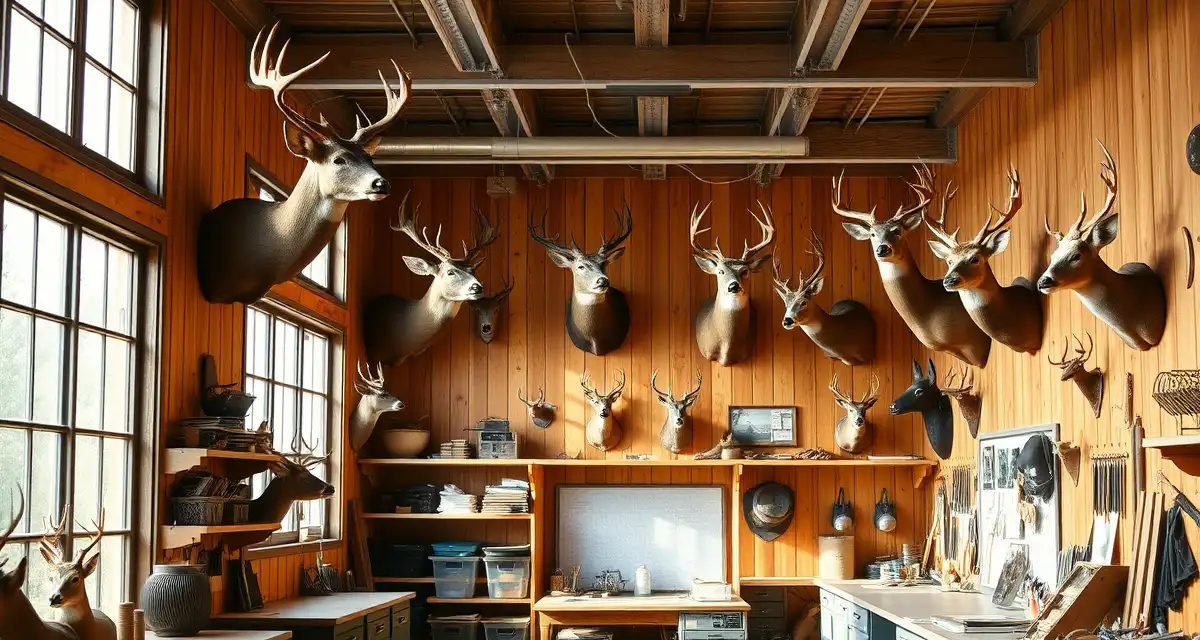 New Jersey Taxidermy Shop Operations Professional taxidermy shop in New Jersey displaying mounted deer specimens with organized management systems and quality craftsmanship