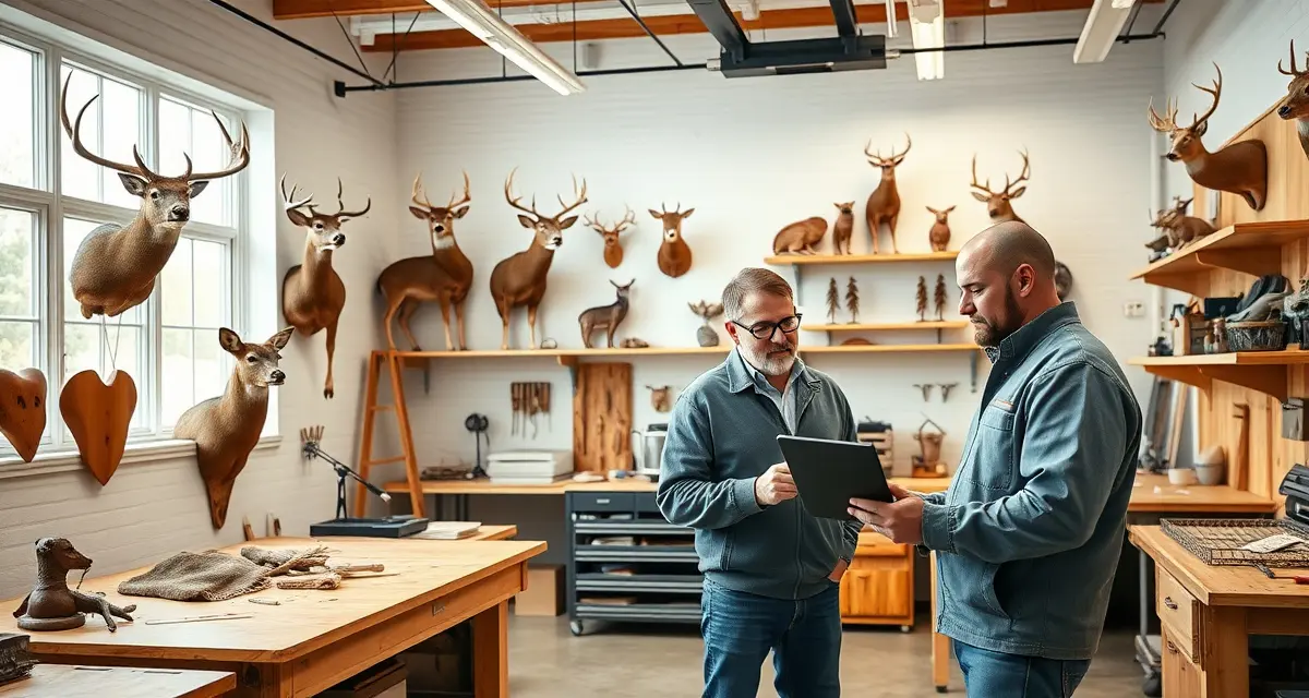 Modern taxidermy shop management workspace Professional taxidermy shop workspace showing mounted specimens and digital management software for New York taxidermy businesses.