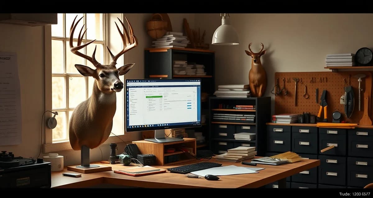 NC Taxidermy Shop Management System Taxidermy shop management software interface displayed on computer monitor in professional North Carolina taxidermy workshop with mounted deer.