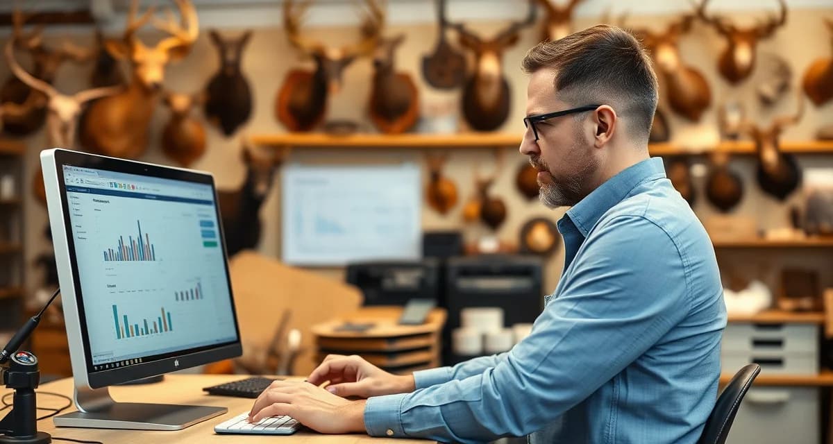 Modern taxidermy shop management system in action Taxidermy shop owner using digital management software to organize specimen tracking and customer intake processes in professional workshop setting
