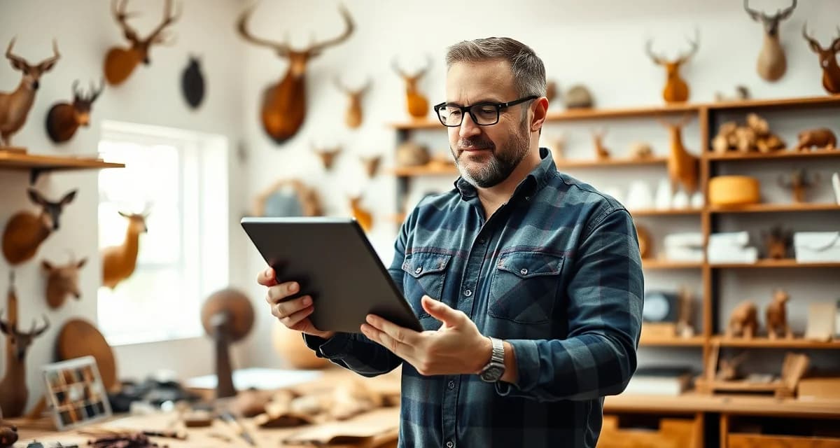 Solving taxidermy shop management challenges with software solutions Taxidermy shop manager using digital management software to solve operational problems and streamline workflow processes