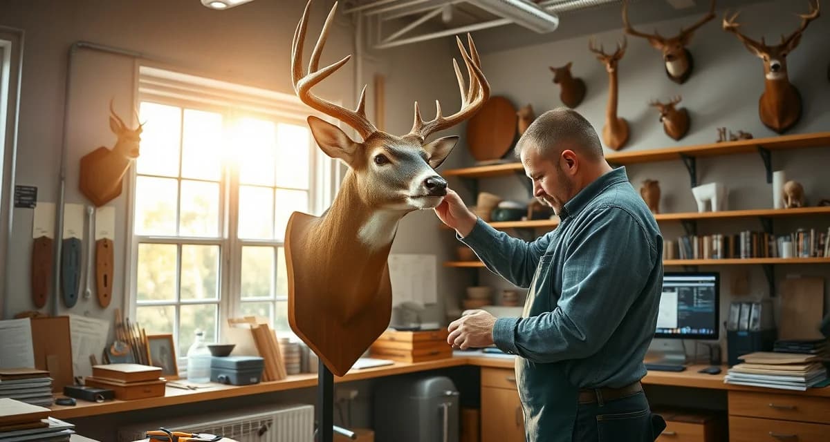 Modern taxidermy shop with digital management tools Professional taxidermy workshop showing skilled artisan mounting deer specimen with organized tools and shop management workstation visible