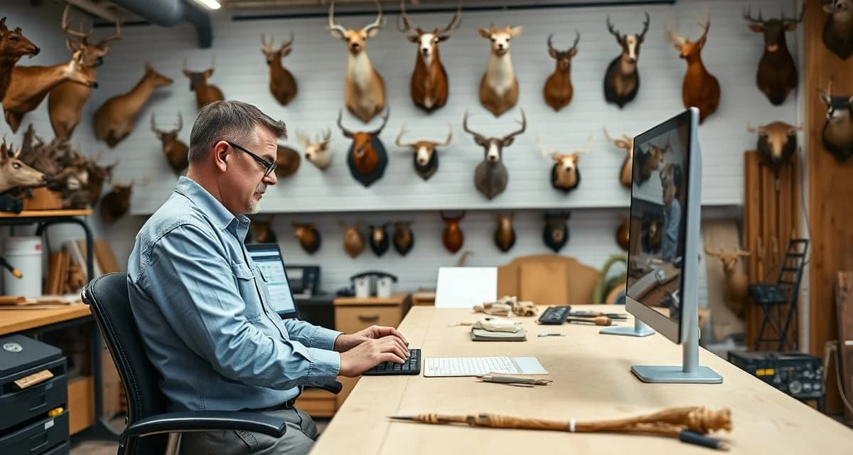 Professional taxidermy business management tools Taxidermist using shop management software at workbench to reduce administrative overhead and streamline business operations
