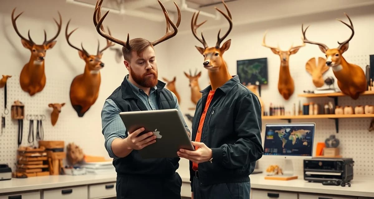 MountChief vs Where's My Mount software comparison Taxidermy shop owner comparing management software features on computer dashboard with mounted specimens in background