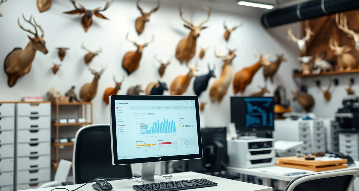 MountChief taxidermy management platform interface Taxidermy shop management software dashboard showing AI-powered intake, QR tag tracking, and customer portal features for streamlined operations