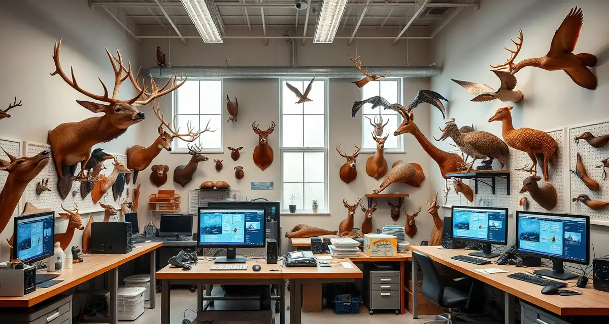 Modern taxidermy shop operations software solution Full-service taxidermy shop workspace with multiple species mounts and management software on computer displays