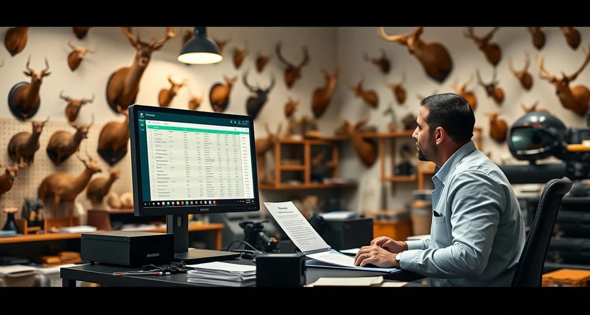 Taxidermy shop management software in action Organized taxidermy shop with digital management software displayed on computer screen and professional mounted specimens.