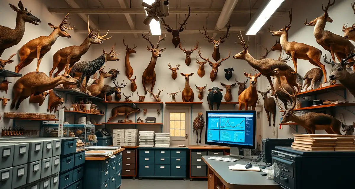 Complete taxidermy shop management resource center Organized taxidermy shop management hub displaying intake documentation, job tracking, and customer communication systems in professional workshop environment.