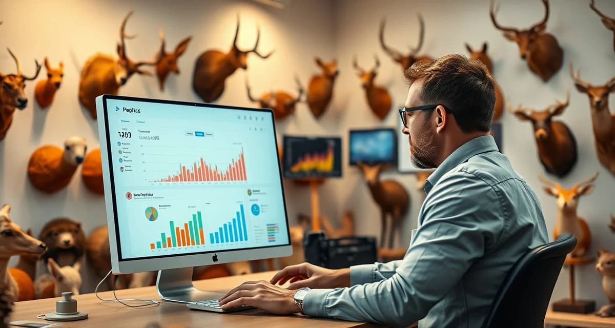 Strategic planning for modern taxidermy business growth Taxidermy shop owner reviewing business strategy and management metrics on computer dashboard for competitive positioning