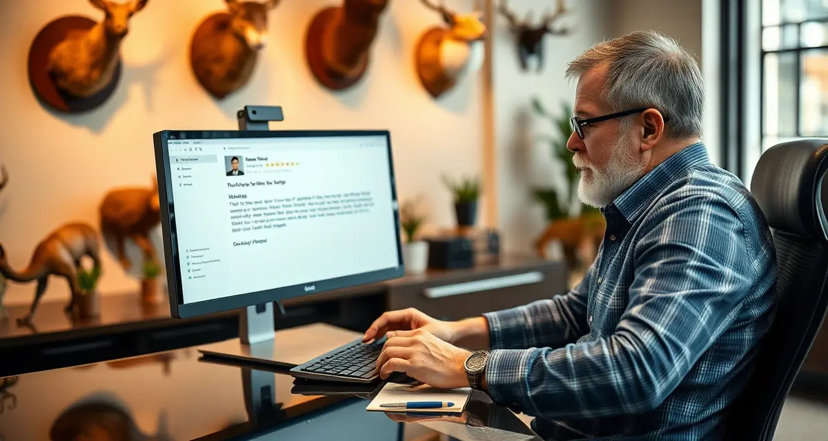 Professional review response best practices for taxidermy businesses Taxidermy shop owner professionally responding to a negative customer review on computer with thoughtful approach and organized workspace.